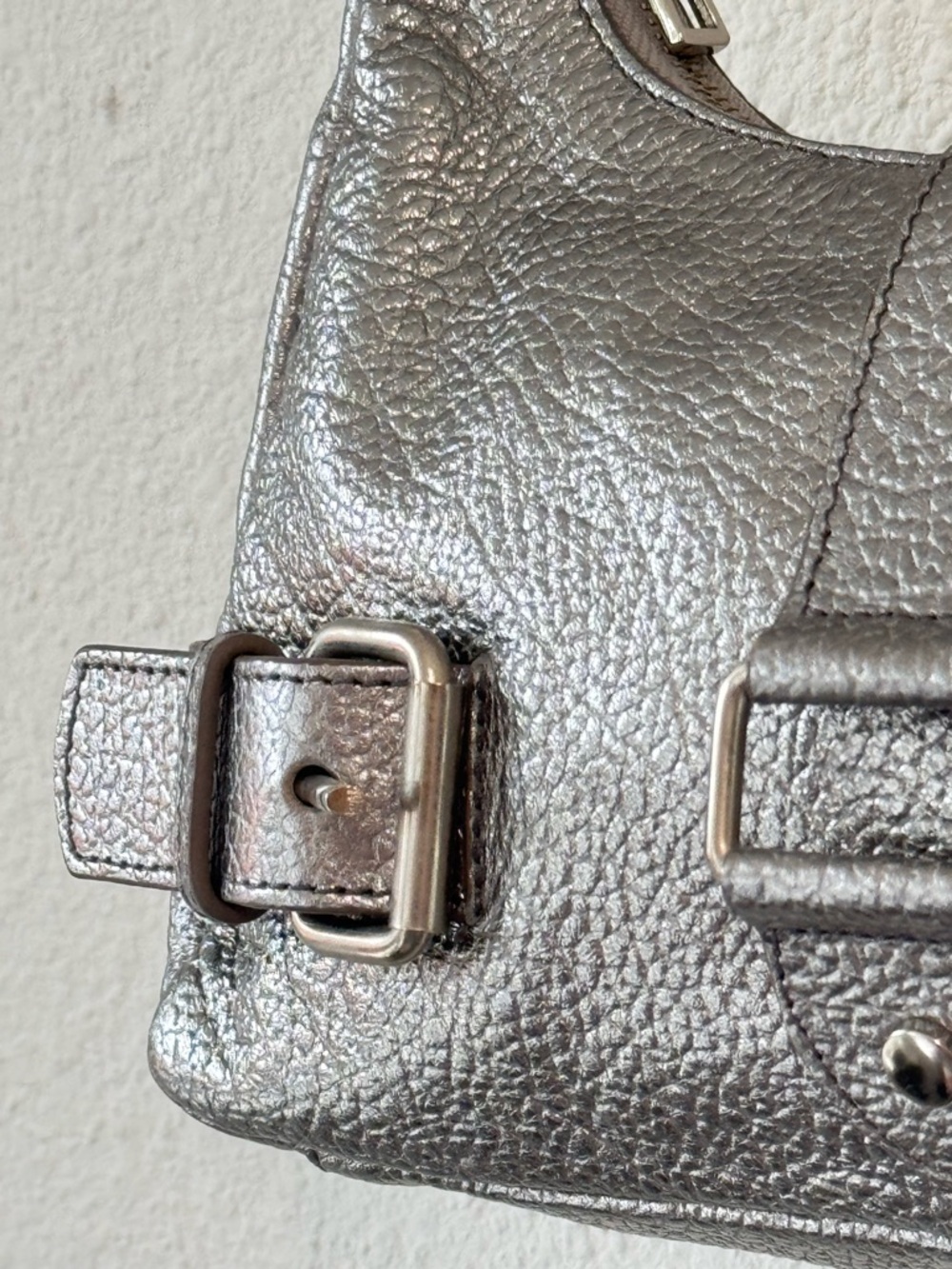 Prune x Gang Mini Bag Metallic Silver Shoulder Strap Buckles Pebbled Leather - Picture 4 of 13